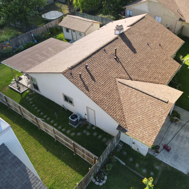 aerial shot of new roof replacement mcqueeney tx